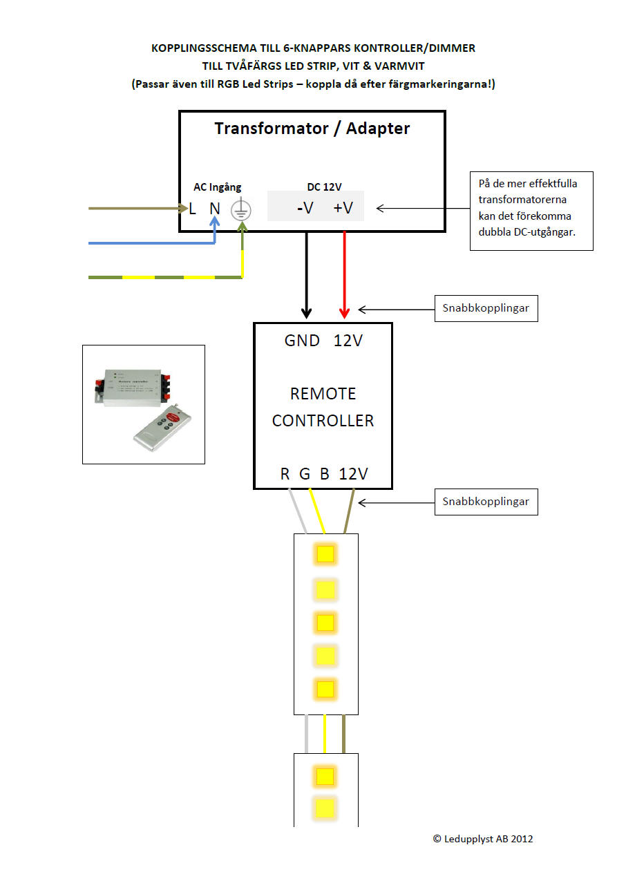Ledupplyst Kopplingsschema till 6knappars kontroller/dimmer till
